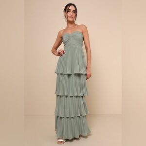 Lulus Seriously Sensational Sage Brush Strapless Tiered Maxi Dress Sz Small NWT